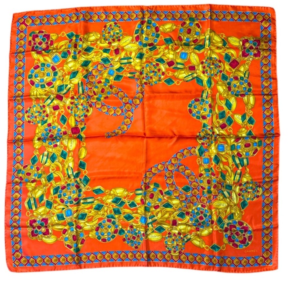 Chanel Orange Silk Scarf with Gold and Green Accents - Picture 1 of 4